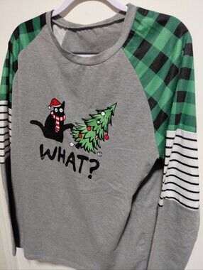 Womens Grey Christmas Cat Top with Green Plaid Sleeves